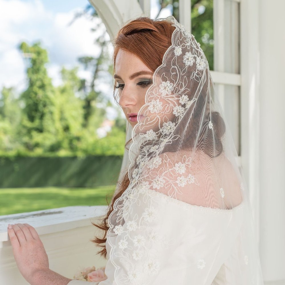 Embroidered net lace wedding mantilla veil - ivory